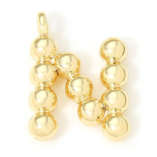 Image de 2 Pcs Breloques en Laiton Respectueux de la Nature Lettre Plaqué Or Véritable 18K à Pois Mots" N " 12mm x 9mm