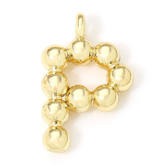 Image de 2 Pcs Breloques en Laiton Respectueux de la Nature Lettre Plaqué Or Véritable 18K à Pois Mots" P " 13mm x 8mm