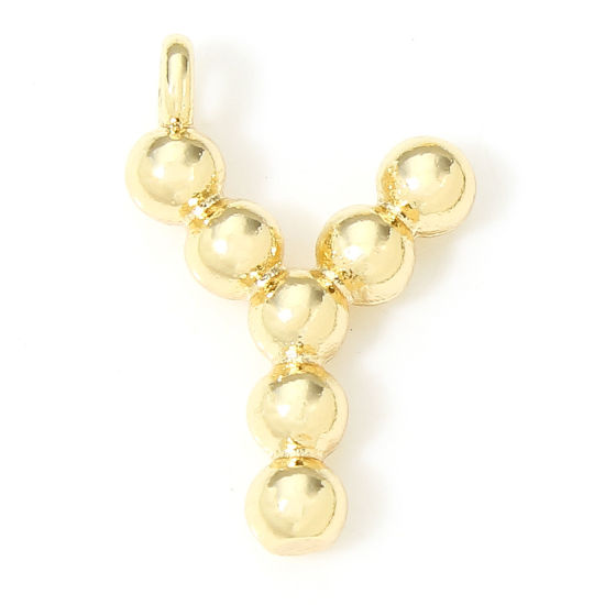 Image de 2 Pcs Breloques en Laiton Respectueux de la Nature Lettre Plaqué Or Véritable 18K à Pois Mots" Y " 13mm x 8.5mm