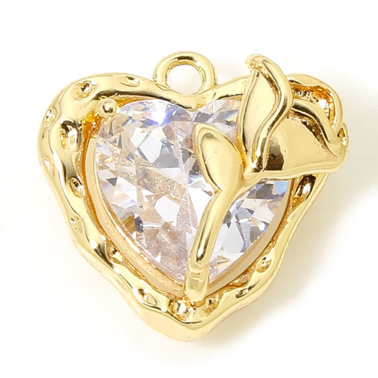 Imagen de 2 Unidades Respetuoso del Medio Ambiente Latón día de San Valentín Colgantes Charms Corazón 18K Oro Real Chapado Rosa Claro Circón Artificial 13mm x 13mm