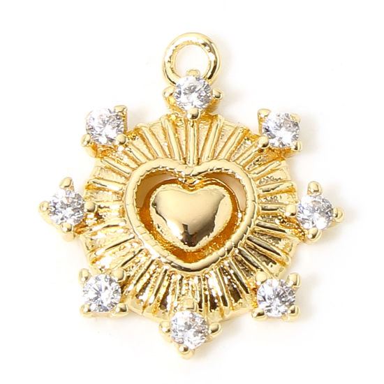 Imagen de 2 Unidades Respetuoso del Medio Ambiente Latón día de San Valentín Colgantes Charms Corazón 18K Oro Real Chapado Ronda Claro Circón Artificial 14mm x 12mm