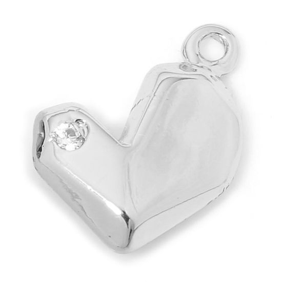 Imagen de 2 Unidades Respetuoso del Medio Ambiente Latón día de San Valentín Colgantes Charms Corazón Platino Real Chapado Sección Claro Circón Artificial 11mm x 9mm
