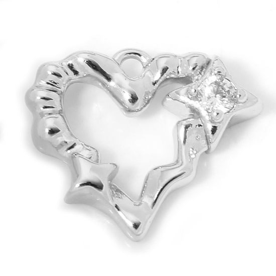 Imagen de 2 Unidades Respetuoso del Medio Ambiente Latón día de San Valentín Colgantes Charms Corazón Platino Real Chapado Estrella Sección Claro Circón Artificial 15mm x 13mm