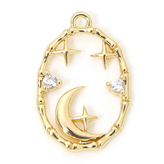 Picture of 2 PCs Eco-friendly Brass Galaxy Charms 18K Real Gold Plated Star Moon Hollow Clear Cubic Zirconia 16mm x 11mm