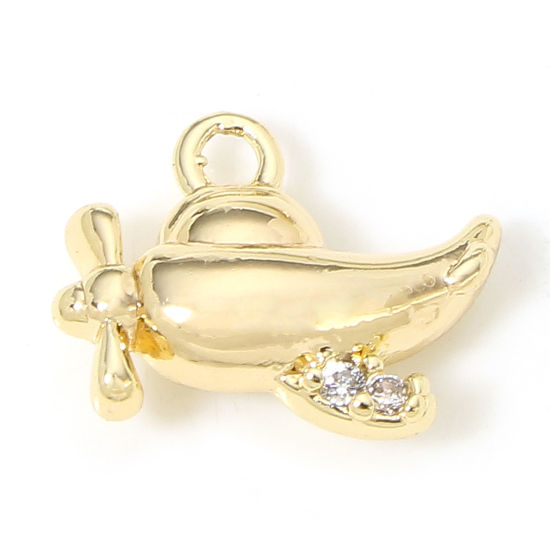 Picture of 2 PCs Eco-friendly Brass Travel Charms 18K Real Gold Plated Airplane Micro Pave Clear Cubic Zirconia 11mm x 9mm