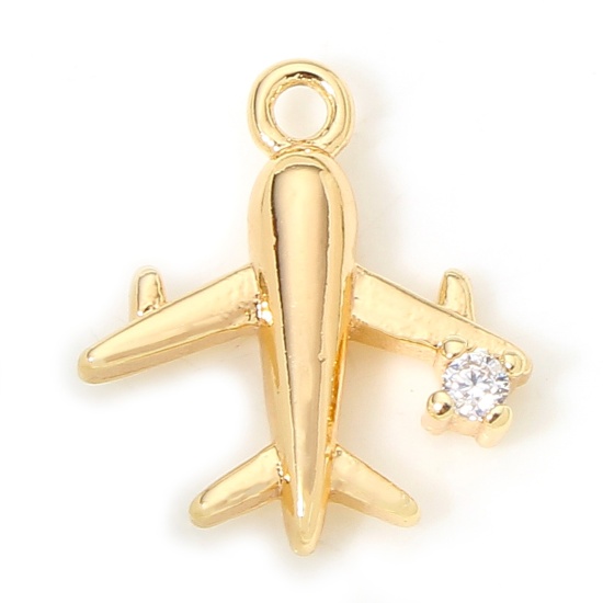 Picture of 2 PCs Eco-friendly Brass Travel Charms 18K Real Gold Plated Airplane Clear Cubic Zirconia 11.5mm x 10mm