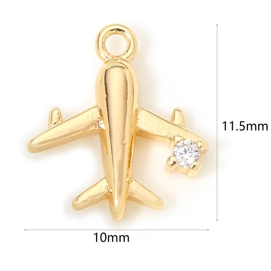 Picture of 2 PCs Eco-friendly Brass Travel Charms 18K Real Gold Plated Airplane Clear Cubic Zirconia 11.5mm x 10mm