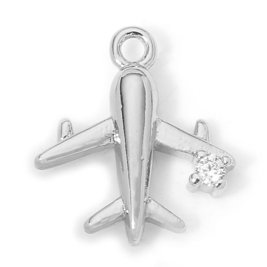 Picture of 2 PCs Eco-friendly Brass Travel Charms Real Platinum Plated Airplane Clear Cubic Zirconia 11.5mm x 10mm