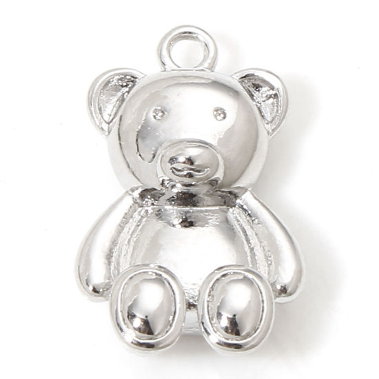 Picture of 2 PCs Eco-friendly Brass Charms Real Platinum Plated Bear Animal 15mm x 9mm