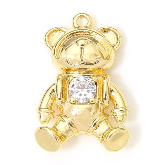 Picture of 2 PCs Eco-friendly Brass Charms 18K Real Gold Plated Bear Animal Clear Cubic Zirconia 16mm x 10mm