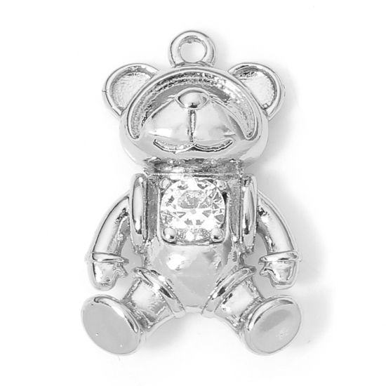 Picture of 2 PCs Eco-friendly Brass Charms Real Platinum Plated Bear Animal Clear Cubic Zirconia 16mm x 10mm