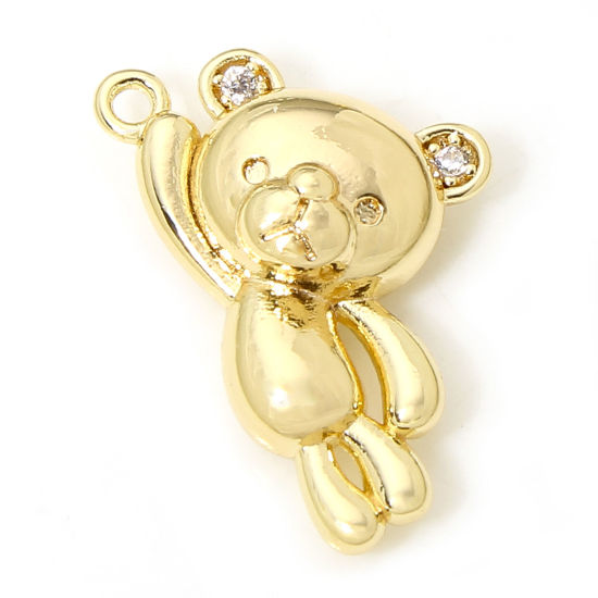 Picture of 2 PCs Eco-friendly Brass Charms 18K Real Gold Plated Bear Animal Clear Cubic Zirconia 17mm x 10.5mm