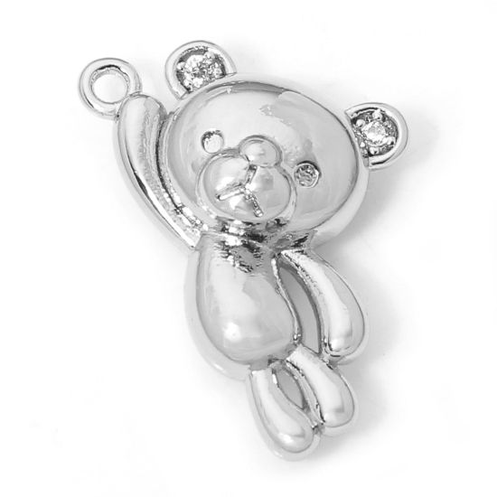 Picture of 2 PCs Eco-friendly Brass Charms Real Platinum Plated Bear Animal Clear Cubic Zirconia 17mm x 10.5mm