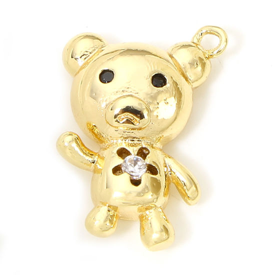 Picture of 2 PCs Eco-friendly Brass Charms 18K Real Gold Plated Bear Animal Clear & Black Cubic Zirconia 16mm x 10mm