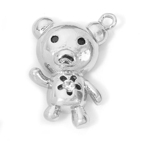 Picture of 2 PCs Eco-friendly Brass Charms Real Platinum Plated Bear Animal Clear & Black Cubic Zirconia 16mm x 10mm