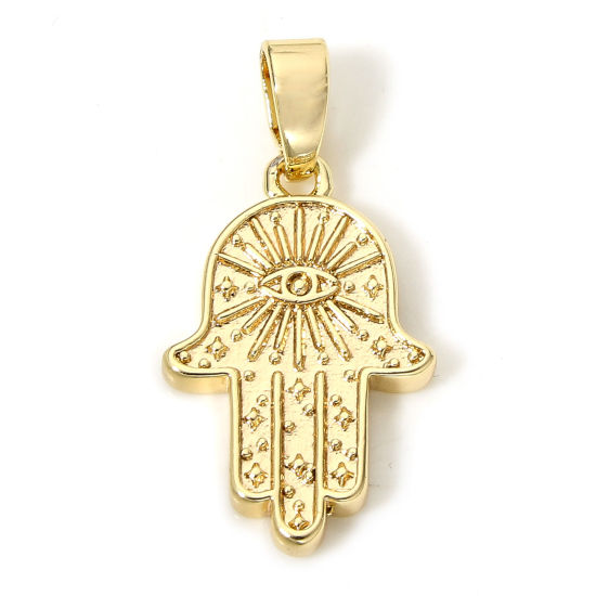 Picture of 2 PCs Eco-friendly Brass Religious Charm Pendant 18K Real Gold Plated Hamsa Symbol Hand Eye of Providence/ All-seeing Eye 22mm x 11mm