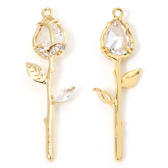 Picture of 2 PCs Eco-friendly Brass Valentine's Day Charms 18K Real Gold Plated Tulip Flower Clear Cubic Zirconia 29mm x 9mm