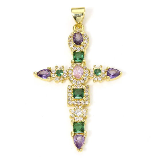 Image de 1 Pièce Pendentifs Religieux en Laiton Respectueux de la Nature Croix Plaqué Or Véritable 18K Micro Pave à Zircone Cubique Multicolore 4.3cm x 2.5cm
