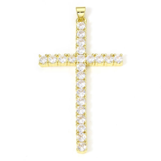 Image de 1 Pièce Pendentifs Religieux en Laiton Respectueux de la Nature Croix Plaqué Or Véritable 18K Micro Pave à Zircone Cubique Clair 5.4cm x 2.9cm