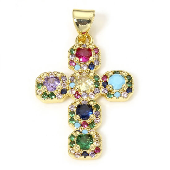 Image de 1 Pièce Pendentif Breloque Religieux en Laiton Respectueux de la Nature Croix Plaqué Or Véritable 18K Micro Pave à Zircone Cubique Multicolore 29mm x 17mm