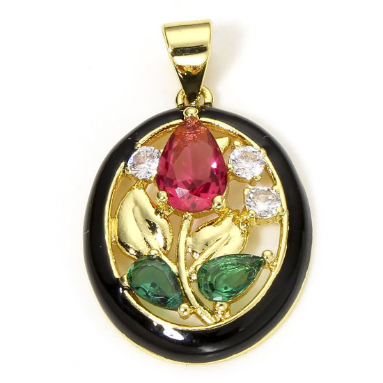 Image de 1 Pièce Pendentif Breloque en Laiton & Verre Respectueux de la Nature Ovale Plaqué Or Véritable 18K Noir Tulipe Émail à Strass Coloré 26mm x 16mm