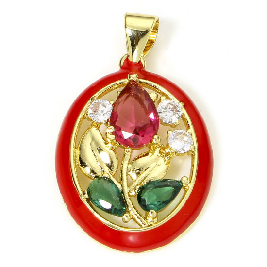 Image de 1 Pièce Pendentif Breloque en Laiton & Verre Respectueux de la Nature Ovale Plaqué Or Véritable 18K Rouge Tulipe Émail à Strass Coloré 26mm x 16mm