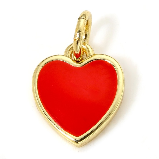 Picture of 1 Piece Eco-friendly Brass Valentine's Day Charms 18K Real Gold Plated Red Heart Enamel 13mm x 8.5mm