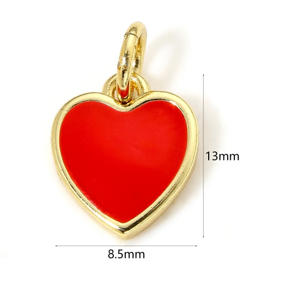 Picture of 1 Piece Eco-friendly Brass Valentine's Day Charms 18K Real Gold Plated Red Heart Enamel 13mm x 8.5mm