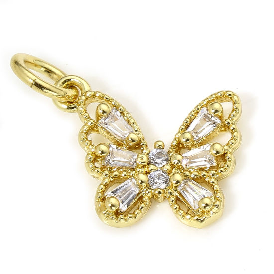Immagine di 1 Pz Ecologico Ottone Charms Farfalla 18K Vero Oro Placcato Filigrana Trasparente Cubic Zirconiae 16.5mm x 11.5mm