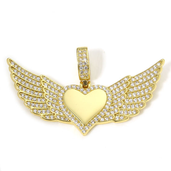 Picture of 1 Piece Eco-friendly Brass Valentine's Day Pendants 18K Real Gold Plated Wing Heart Micro Pave Clear Cubic Zirconia 4.5cm x 2.7cm