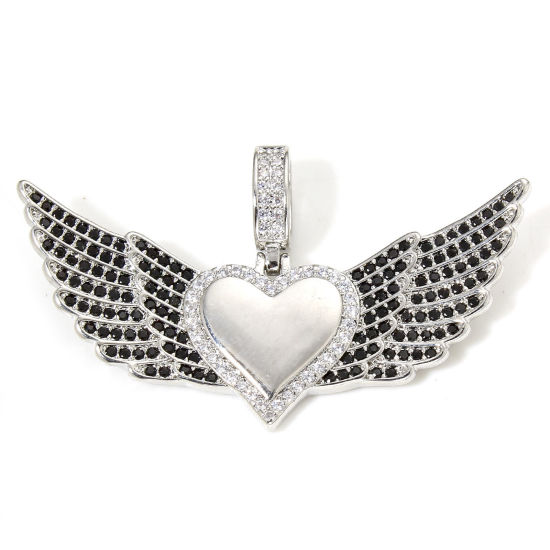 Picture of 1 Piece Eco-friendly Brass Valentine's Day Pendants Real Platinum Plated Wing Heart Micro Pave Clear & Black Cubic Zirconia 4.5cm x 2.7cm