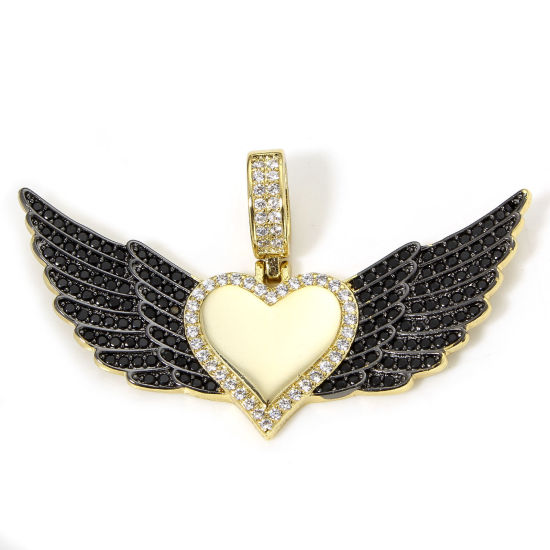 Picture of 1 Piece Eco-friendly Brass Valentine's Day Pendants 18K Real Gold Plated Wing Heart Micro Pave Clear & Black Cubic Zirconia 4.5cm x 2.7cm