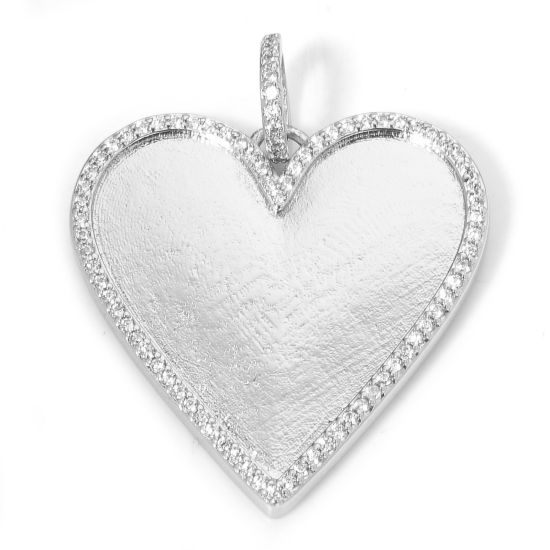Picture of 1 Piece Eco-friendly Brass Valentine's Day Pendants Real Platinum Plated Heart Micro Pave Clear Cubic Zirconia 3.7cm x 3cm