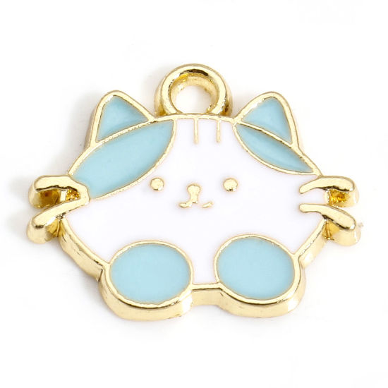 Picture of 10 PCs Zinc Based Alloy Charms Gold Plated White & Blue Cat Animal Enamel 17mm x 14mm