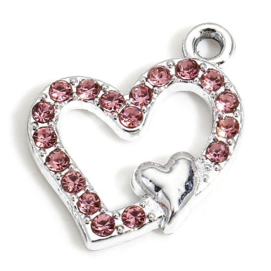 Image de 10 PCs Zinc Based Alloy Valentine's Day Charms Silver Tone Heart Micro Pave Pink Rhinestone 18mm x 15mm