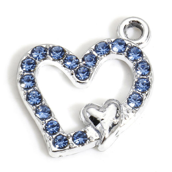Image de 10 PCs Zinc Based Alloy Valentine's Day Charms Silver Tone Heart Micro Pave Blue Rhinestone 18mm x 15mm