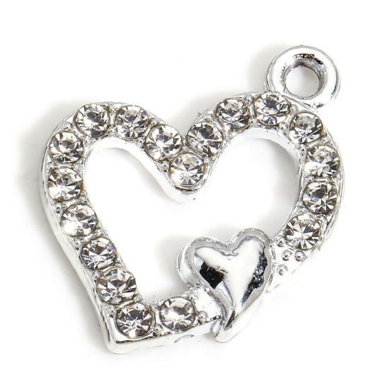 Image de 10 PCs Zinc Based Alloy Valentine's Day Charms Silver Tone Heart Micro Pave Clear Rhinestone 18mm x 15mm
