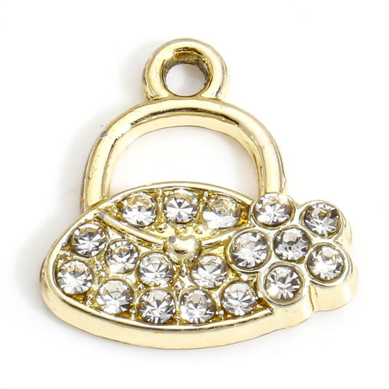 Image de 10 PCs Zinc Based Alloy Clothes Charms Gold Plated Handbag Micro Pave Clear Rhinestone 14mm x 13.5mm