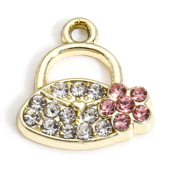 Image de 10 PCs Zinc Based Alloy Clothes Charms Gold Plated Handbag Micro Pave Clear & Light Pink Rhinestone 14mm x 13.5mm