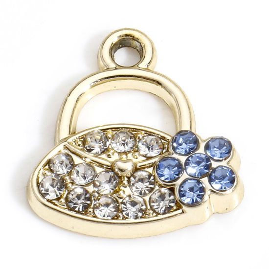 Picture of 10 PCs Zinc Based Alloy Clothes Charms Gold Plated Handbag Micro Pave Clear & Blue Rhinestone 14mm x 13.5mm