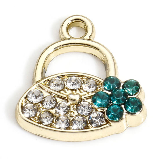 Image de 10 PCs Zinc Based Alloy Clothes Charms Gold Plated Handbag Micro Pave Clear & Green Rhinestone 14mm x 13.5mm