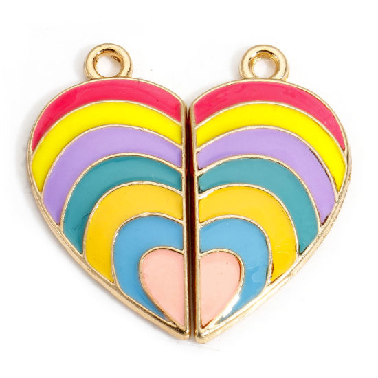 Image de 5 Sets Zinc Based Alloy Best Friends Pendants Gold Plated Multicolor Heart Stripe Enamel 28mm x 14mm