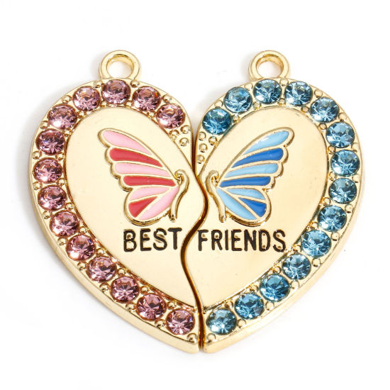 Picture of 5 Sets Zinc Based Alloy Best Friends Pendants Gold Plated Multicolor Heart Butterfly Message " BEST FRIENDS " Micro Pave Blue Rhinestone 3.3cm x 1.7cm