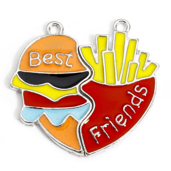 Bild von 5 Sets Zinc Based Alloy Best Friends Pendants Silver Tone Multicolor Heart Hamburger Message " BEST FRIENDS " Enamel 3.3cm x 1.8cm