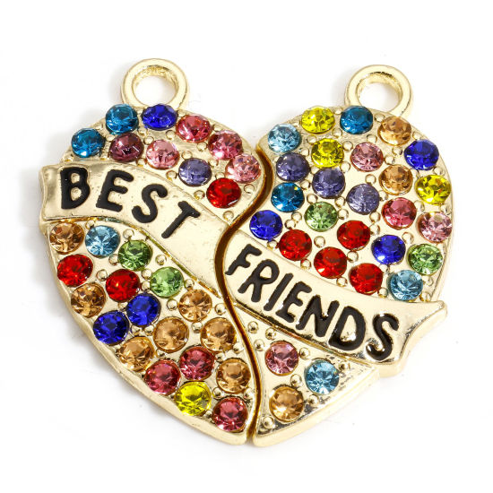 Picture of 5 Sets Zinc Based Alloy Best Friends Pendants Gold Plated Heart Message " BEST FRIENDS " Micro Pave Multicolor Rhinestone 3.2cm x 1.7cm
