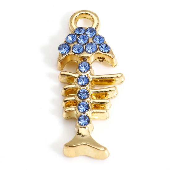 Picture of 10 PCs Zinc Based Alloy Ocean Jewelry Charms Gold Plated Fish Bone Micro Pave Blue Rhinestone 22mm x 9mm