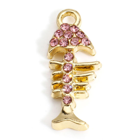 Изображение 10 PCs Zinc Based Alloy Ocean Jewelry Charms Gold Plated Fish Bone Micro Pave Pink Rhinestone 22mm x 9mm