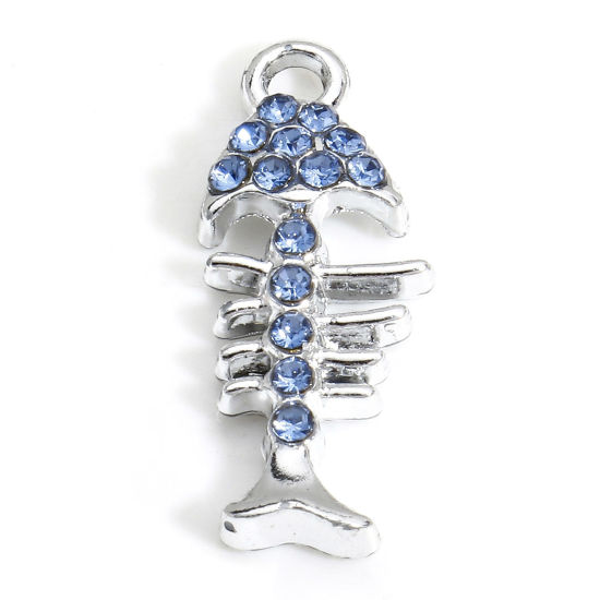 Изображение 10 PCs Zinc Based Alloy Ocean Jewelry Charms Silver Tone Fish Bone Micro Pave Blue Rhinestone 22mm x 9mm