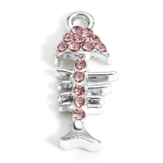 Picture of 10 PCs Zinc Based Alloy Ocean Jewelry Charms Silver Tone Fish Bone Micro Pave Pink Rhinestone 22mm x 9mm