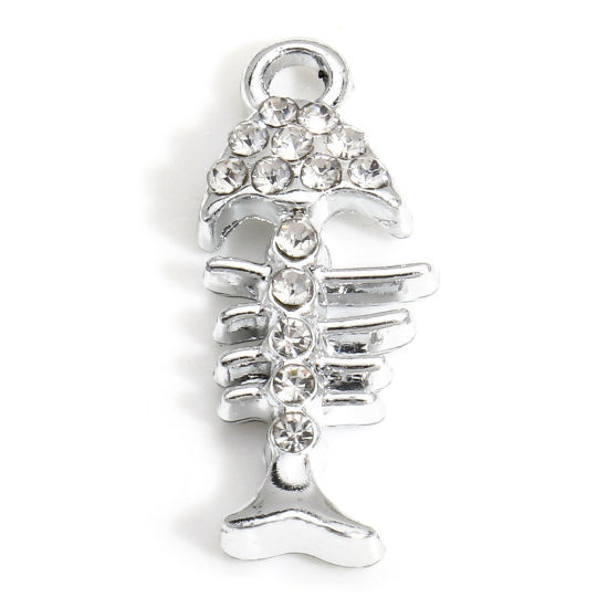 Picture of 10 PCs Zinc Based Alloy Ocean Jewelry Charms Silver Tone Fish Bone Micro Pave Clear Rhinestone 22mm x 9mm